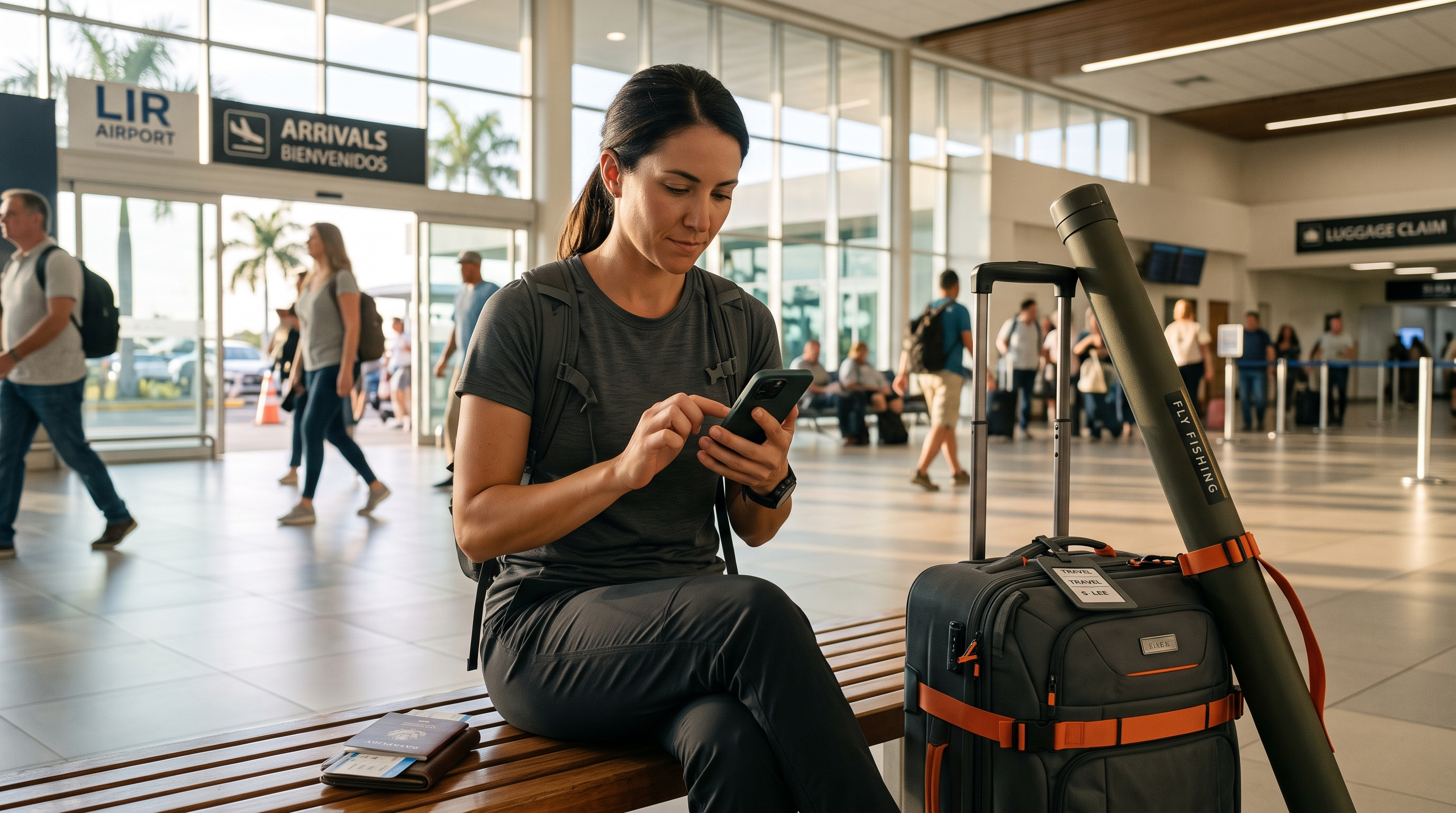 Fly-fishing traveller installing a Costa Rica eSIM before leaving Liberia Airport