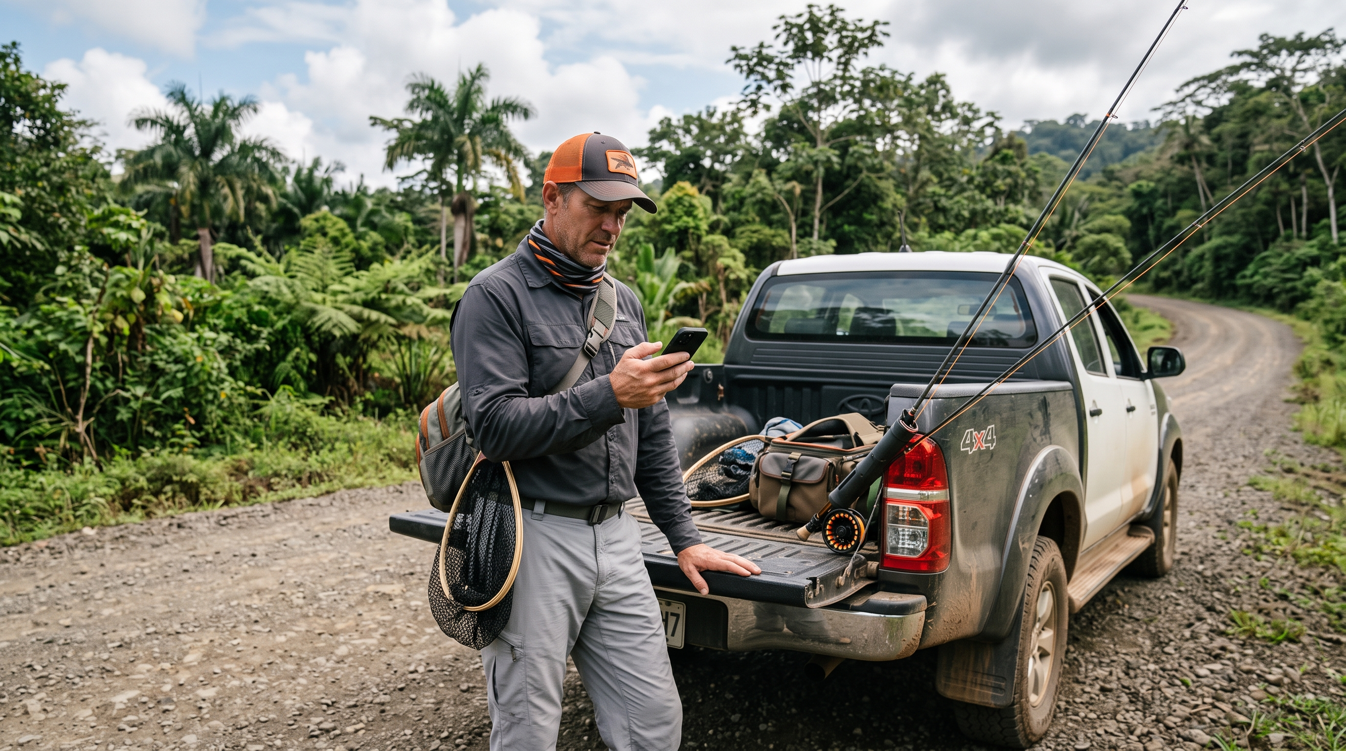 Traveller using a smartphone for directions on a rural road near Upala Costa Rica