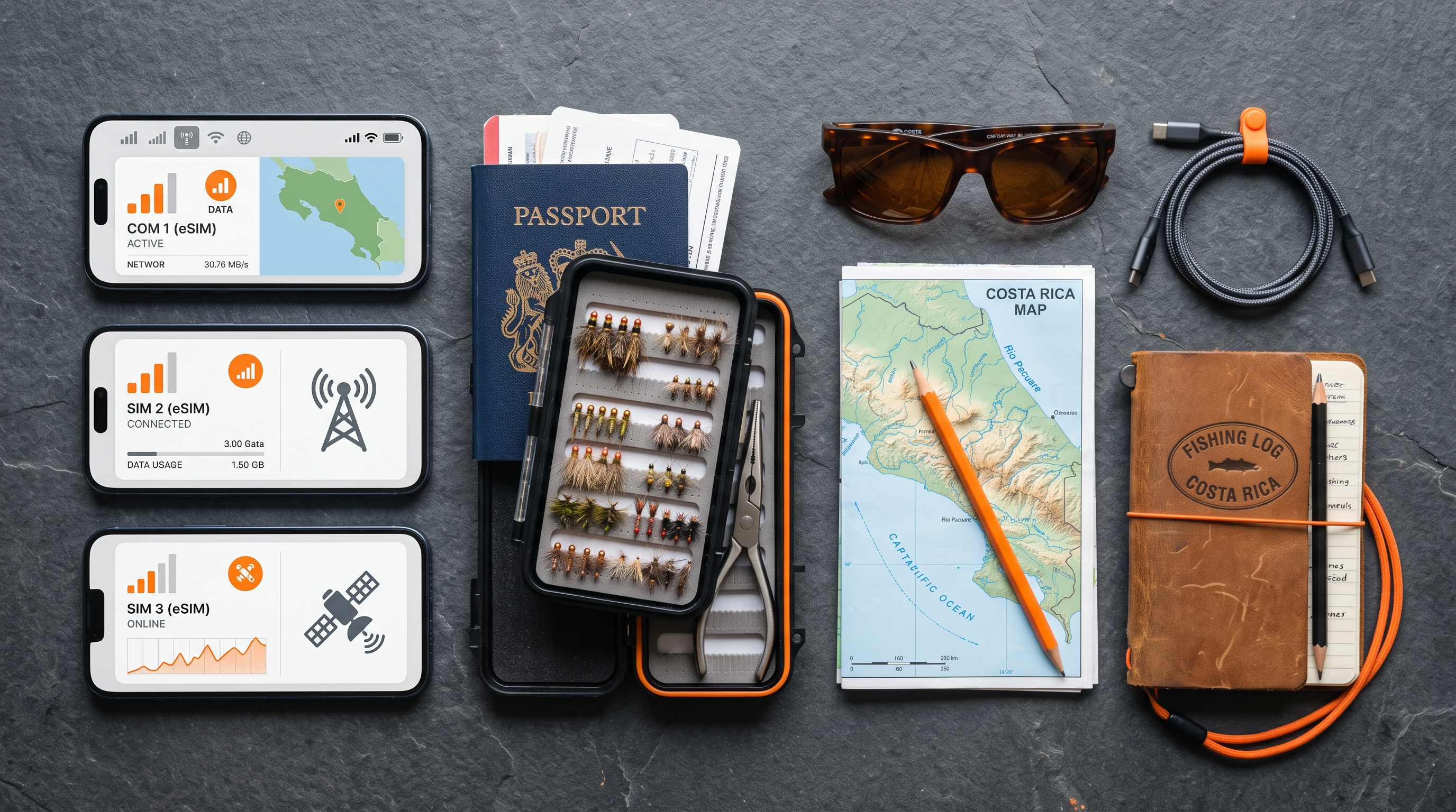 Four smartphone eSIM options compared beside Costa Rica fly-fishing travel equipment