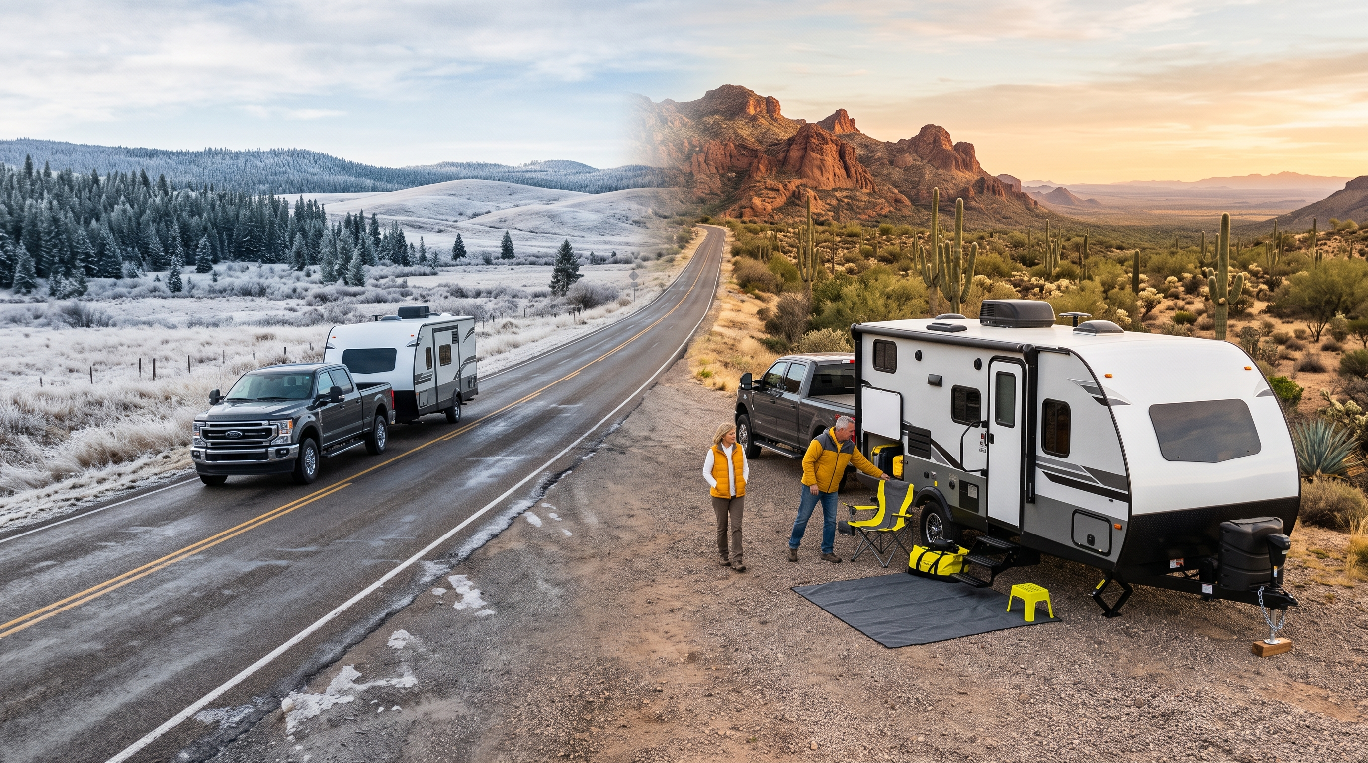 Snowbird couple planning a winter RV route from Canada to the southern United States