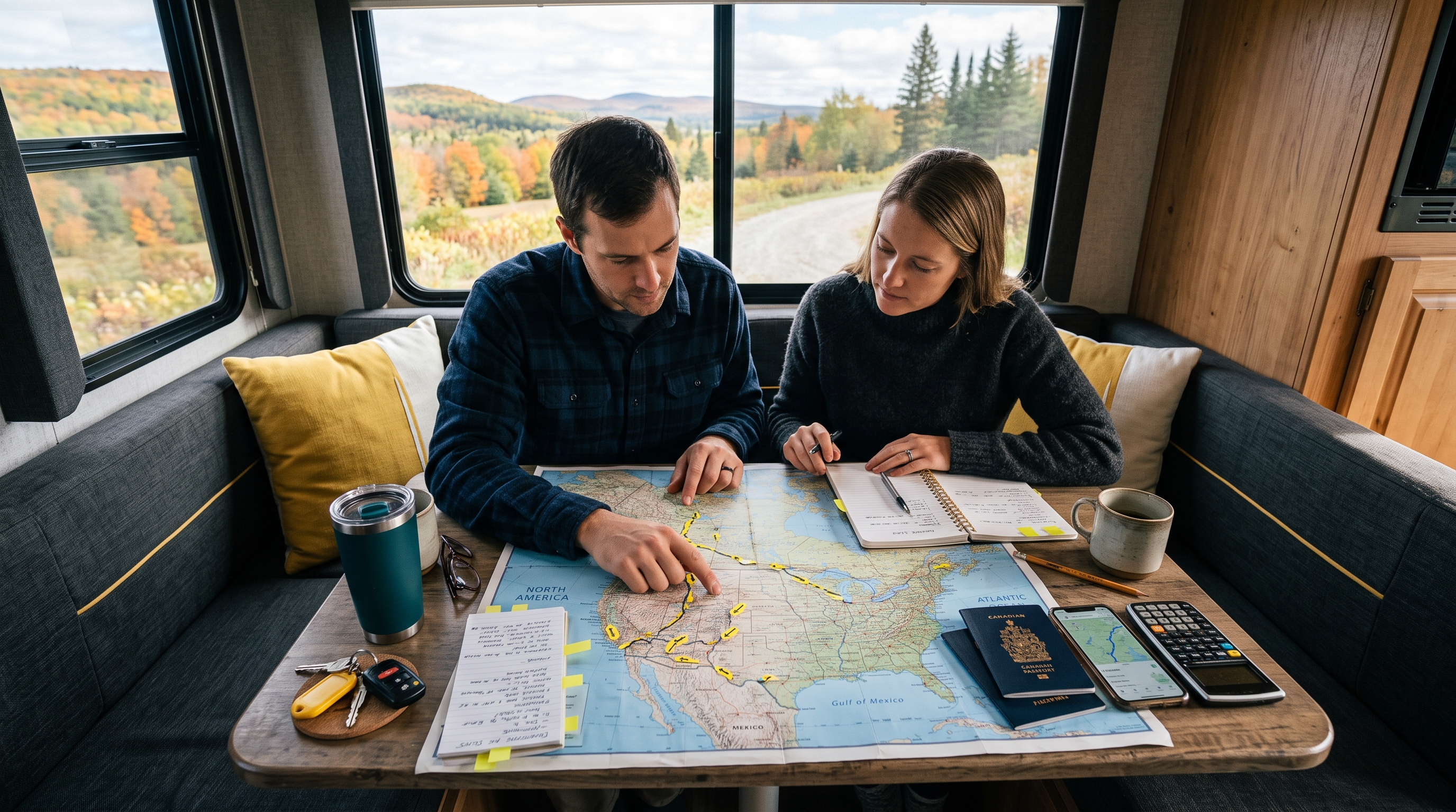 RV snowbirds checking a winter travel route and weather conditions before departure
