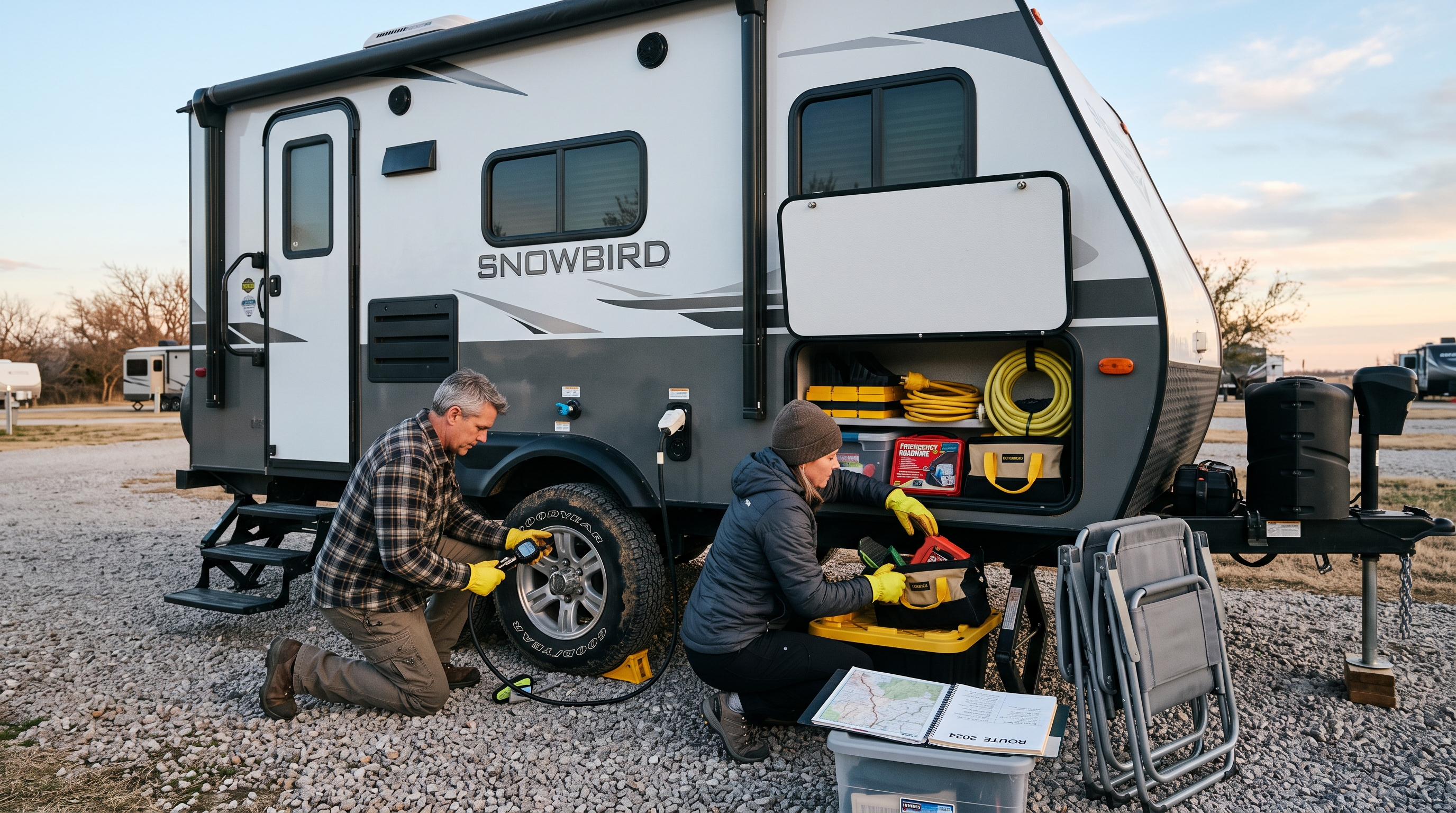RV snowbirds relaxing at a warm winter campsite after completing their seasonal journey