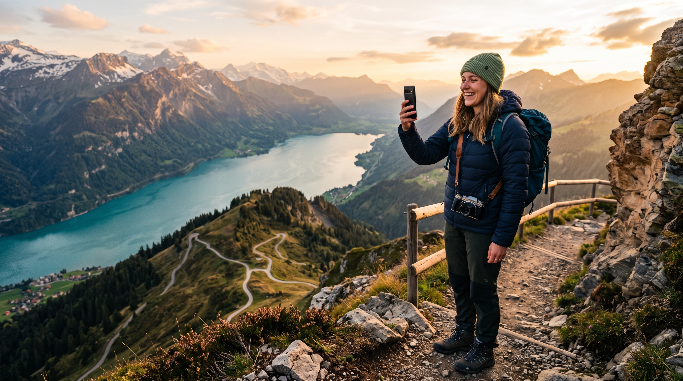 Beginner travel photographer using a camera and smartphone at a mountain viewpoint