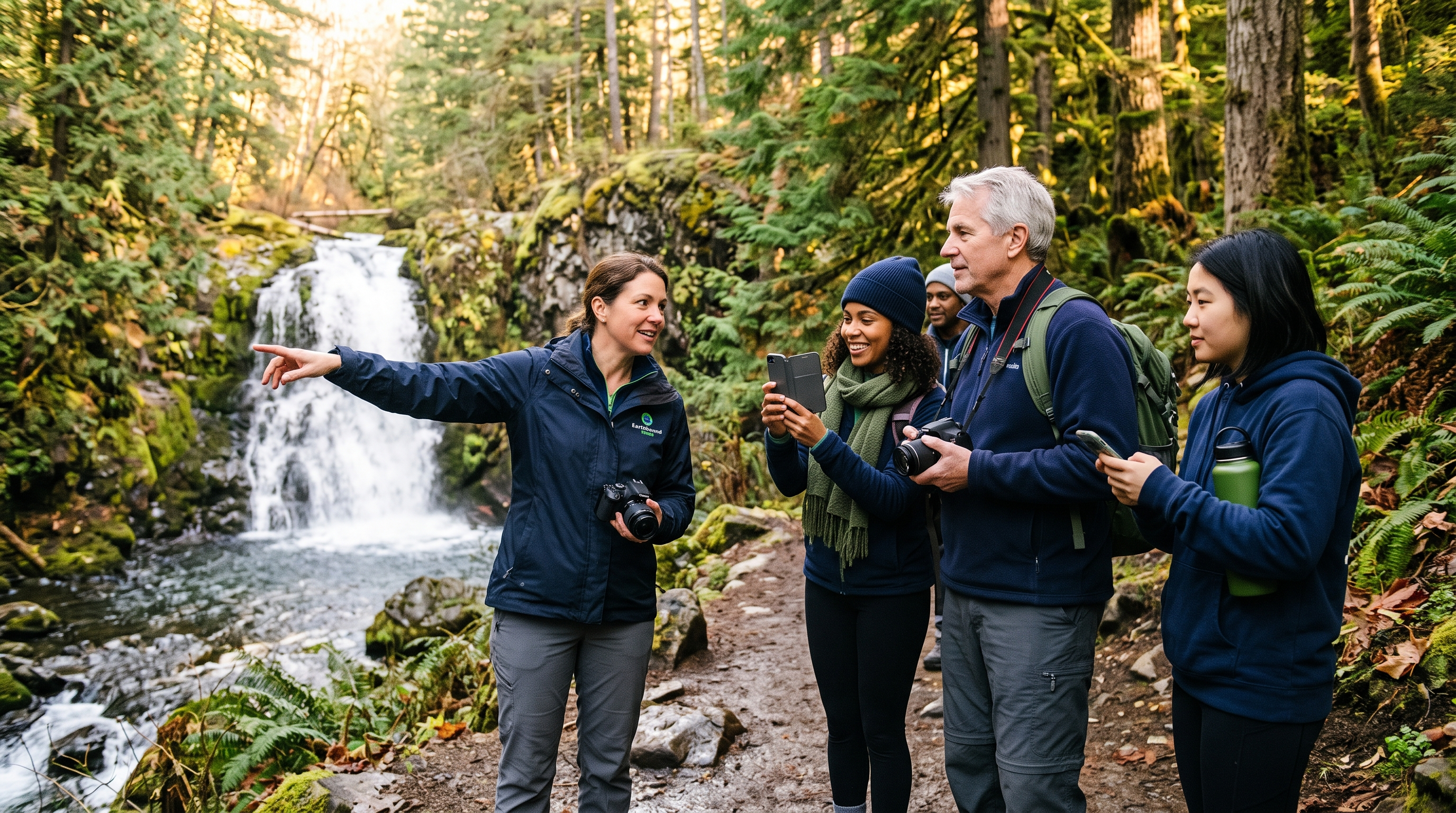 Small beginner photography group learning composition responsibly beside a forest waterfall