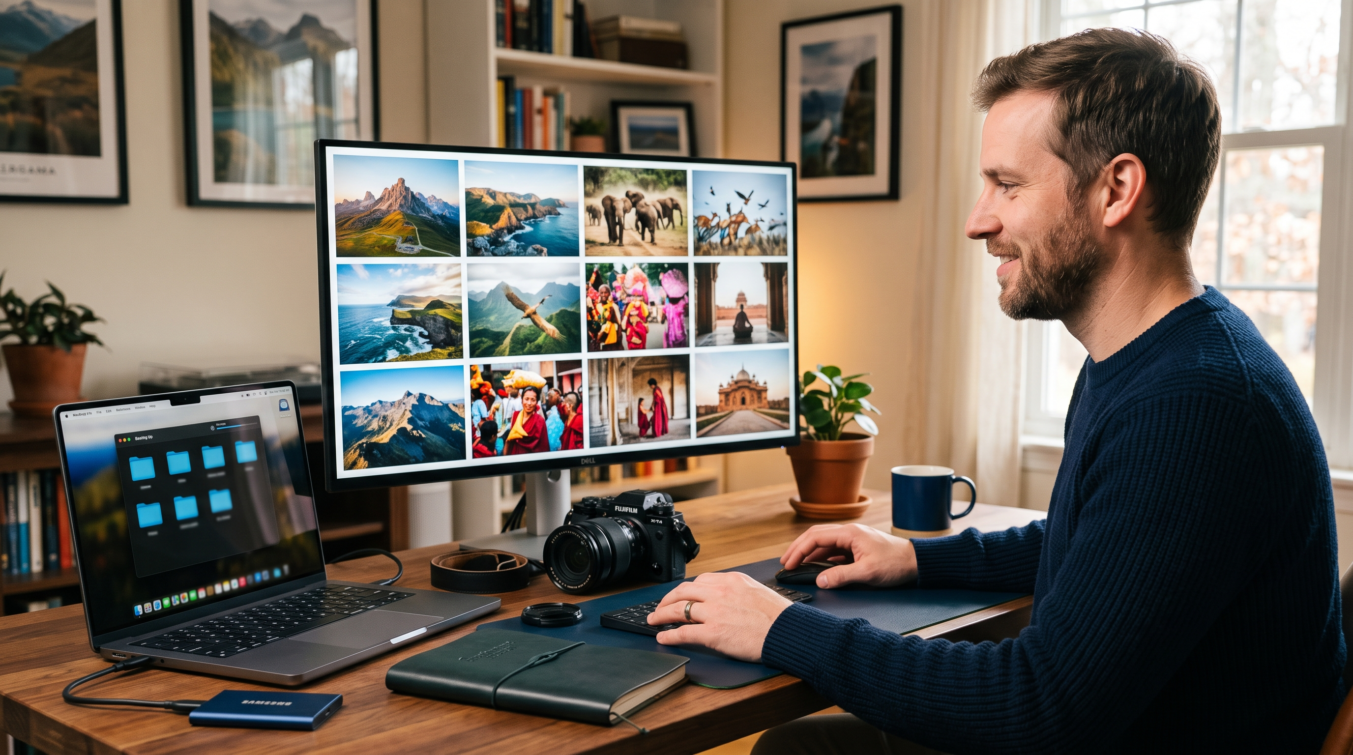 Traveller organizing vacation photographs and building an online photography portfolio