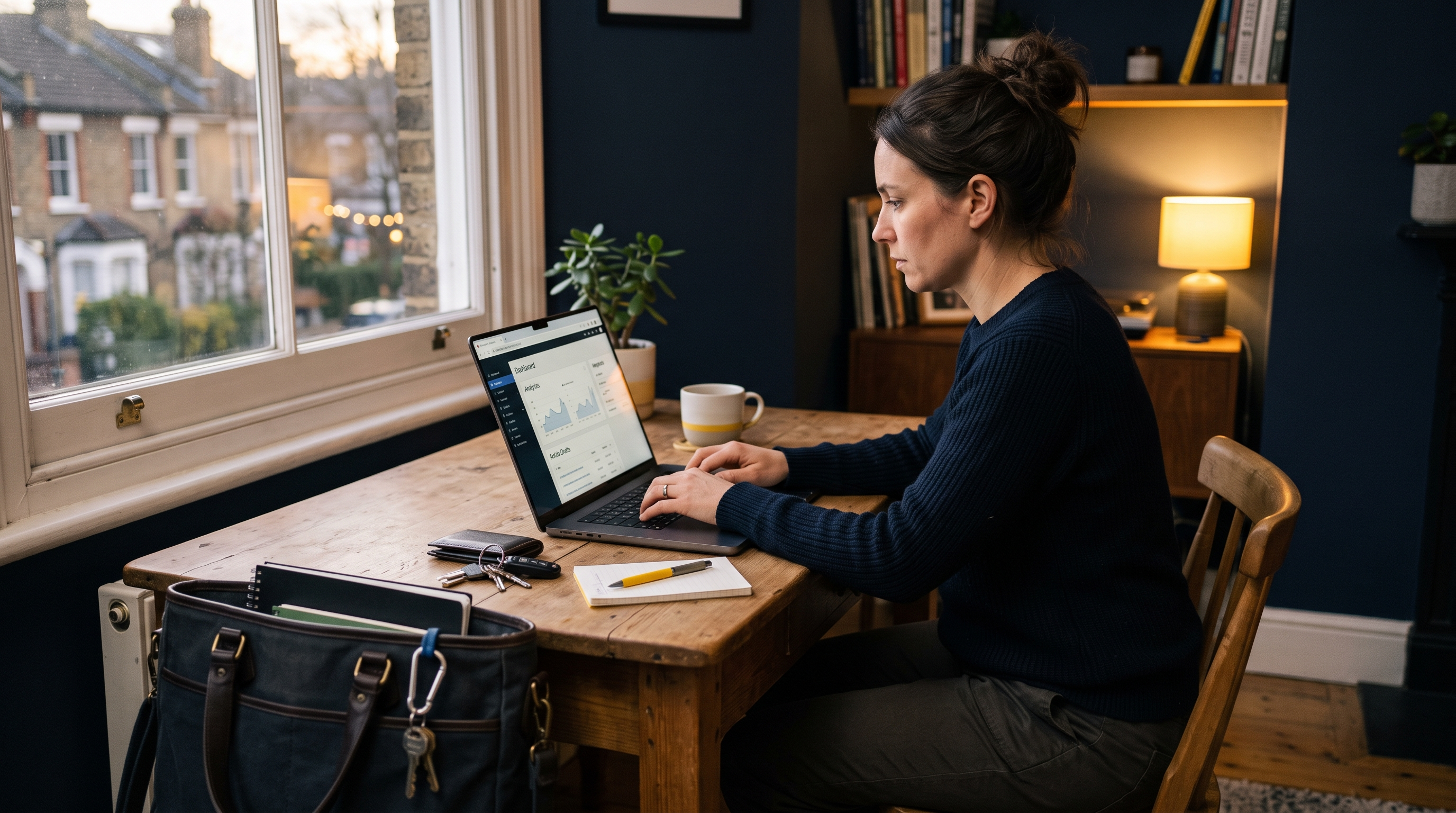 Working professional beginning an affiliate marketing session after returning home from a full-time job