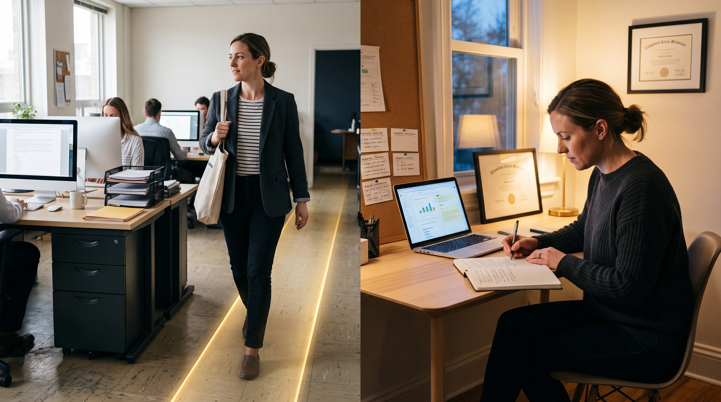 Professional transitioning between a full-time workplace and an evening affiliate marketing business