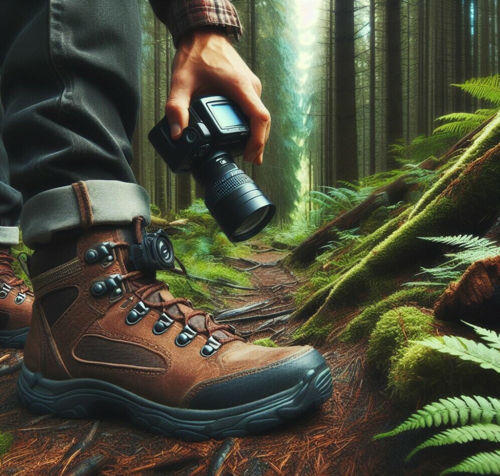 An image capturing a forager with appropriate gear, navigating a forest trail, emphasizes the importance of trail awareness and the need for suitable footwear.