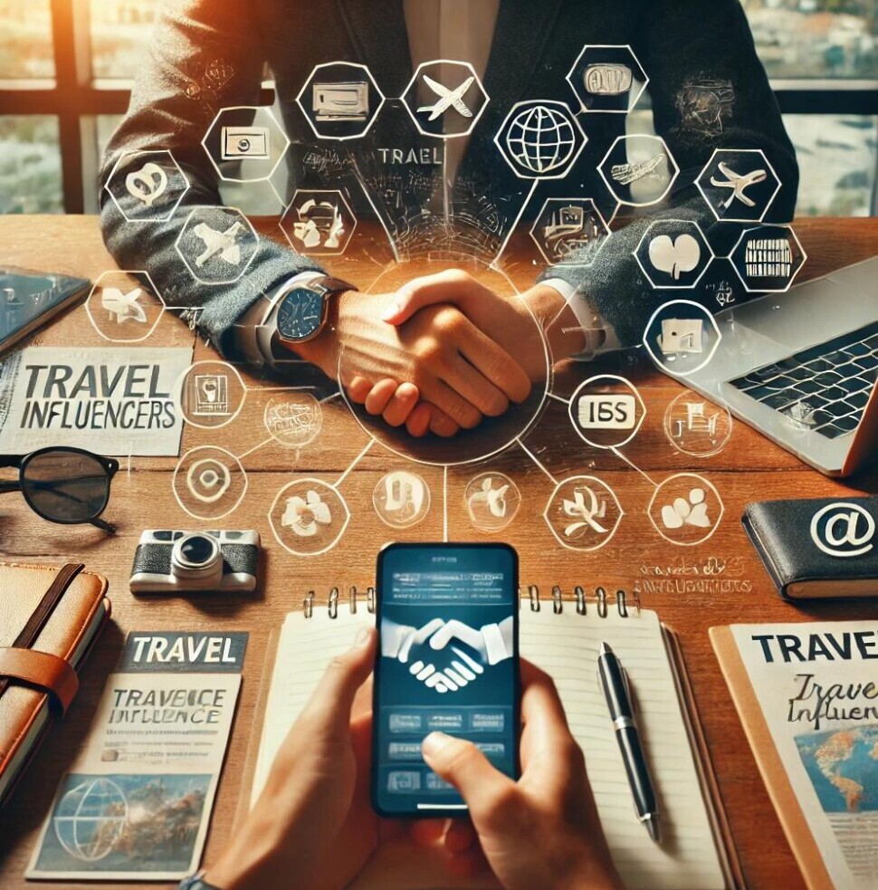 Travel influencer building partnerships and collaborations, sitting at a table with a laptop, surrounded by documents, a notebook, and a smartphone showing messages with potential partners. Symbols of collaboration, like a handshake and brand logos, along with travel items like maps and brochures, emphasize the professional and creative networking atmosphere.