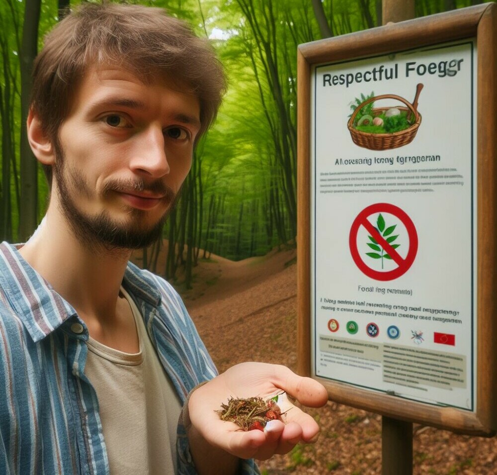 A respectful forager standing next to a sign in a natural setting, indicating the local laws and regulations on foraging.