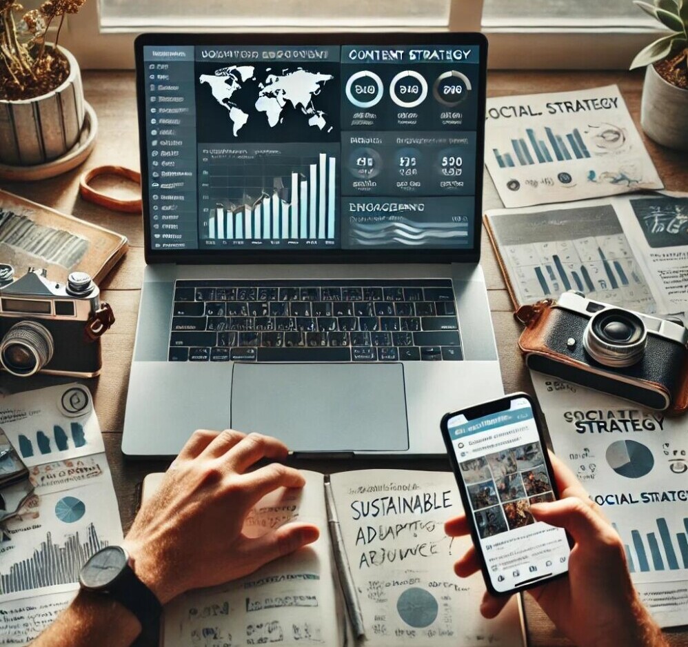 Travel influencer analyzing and adapting social media strategy, seated at a desk with a laptop displaying analytics charts and metrics. Notes, a content calendar, and a smartphone with social media feedback provide insights into ongoing strategy adjustments. The atmosphere is focused and strategic, emphasizing sustainable growth