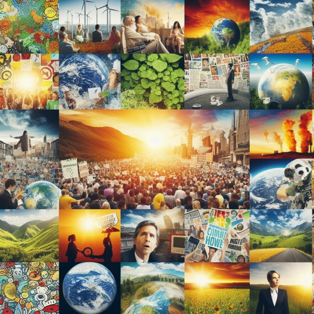 A visual collage representing the diversity of opinions on climate change. Images could depict environmentalists, skeptics, and various landscapes to visually capture the varied discourse.