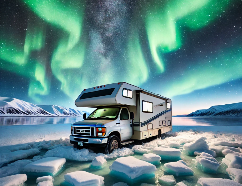 an RV surrounded by snow and illuminated by the northern lights.