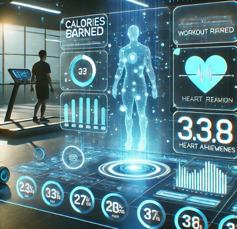 a VR fitness setup focused on real-time holographic metrics. It highlights workout stats like calories burned, heart rate, and personal achievements, emphasizing the motivational aspect of tracking progress in VR fitness.
