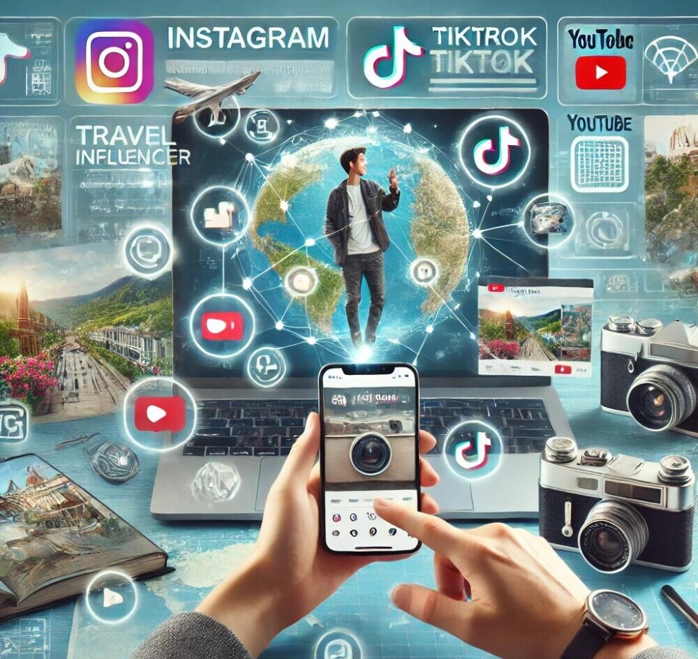 Travel influencer using social media platforms effectively, showcasing Instagram, TikTok, and YouTube. The influencer is engaging followers with travel photos, quick tips, and vlogs, with icons for likes, comments, and shares symbolizing audience interaction. Travel items like a passport and camera are visible, creating a lively, engaging atmosphere.