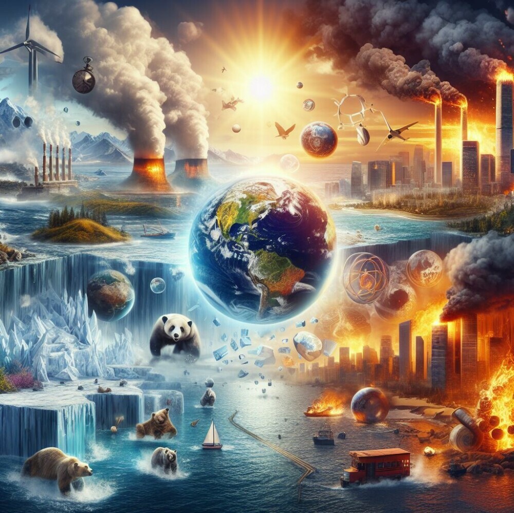 a collage illustrating the envisioned future impacts of unchecked global warming.