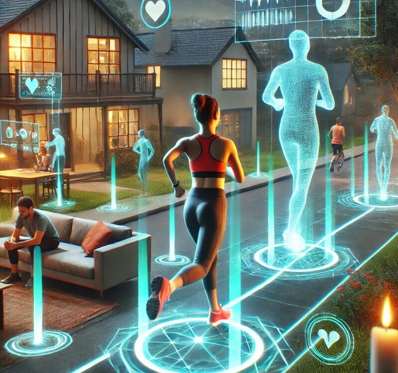 image reflecting the concept of augmented reality (AR) in fitness. It captures people running through their neighborhood with virtual checkpoints and following holographic fitness instructors in their living rooms, seamlessly blending the real and digital worlds.