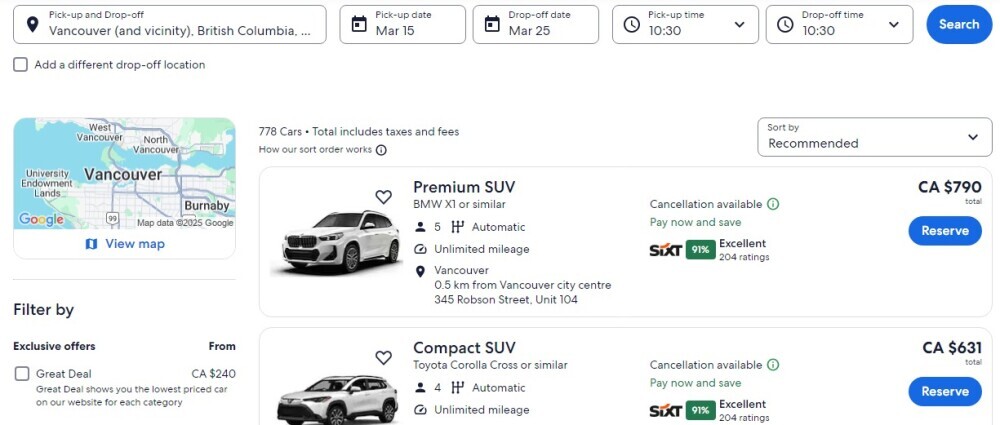 Screenshot of car rental example