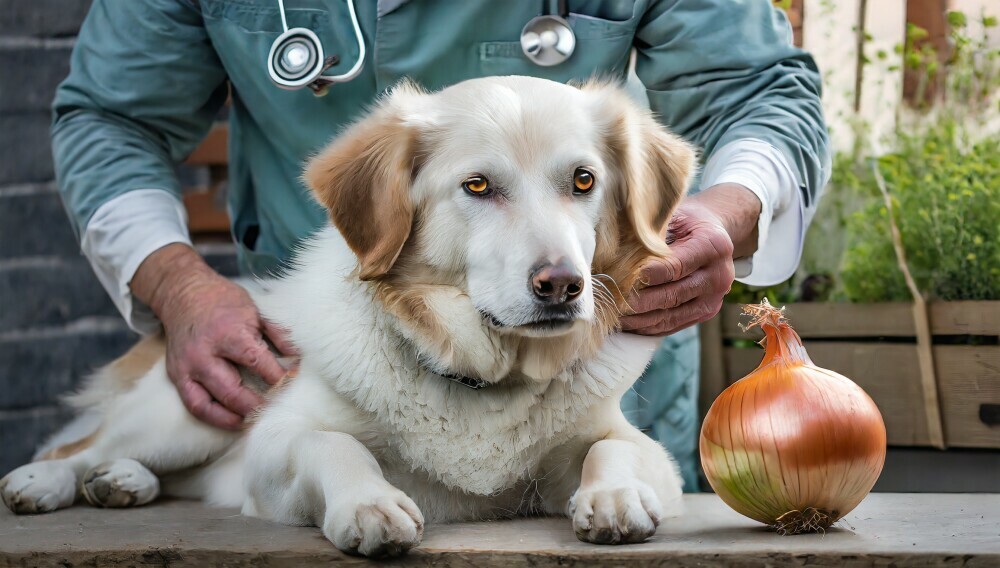 A dog at a vet and a onion right beside him, the dog looks sick and not well at all