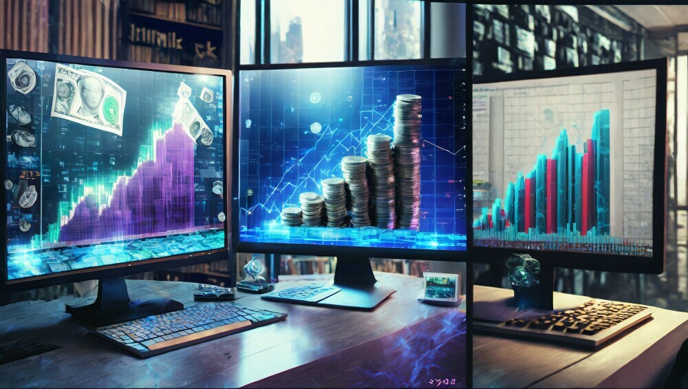 A split screen with 3 windows on one computer and each one of them has a money graph going up, showing multiple money making streams