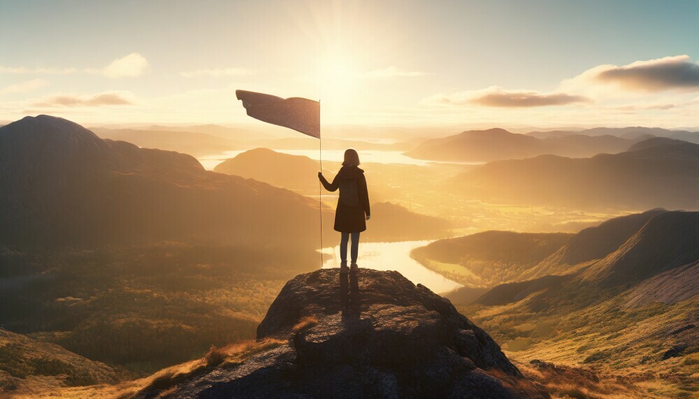 picture a person standing on top of a mountain, looking out over a vast, sunlit landscape. This person could be holding a flag or a symbolic object that represents success. The landscape ahead is filled with various paths and opportunities, symbolizing the bright future and potential growth for the business