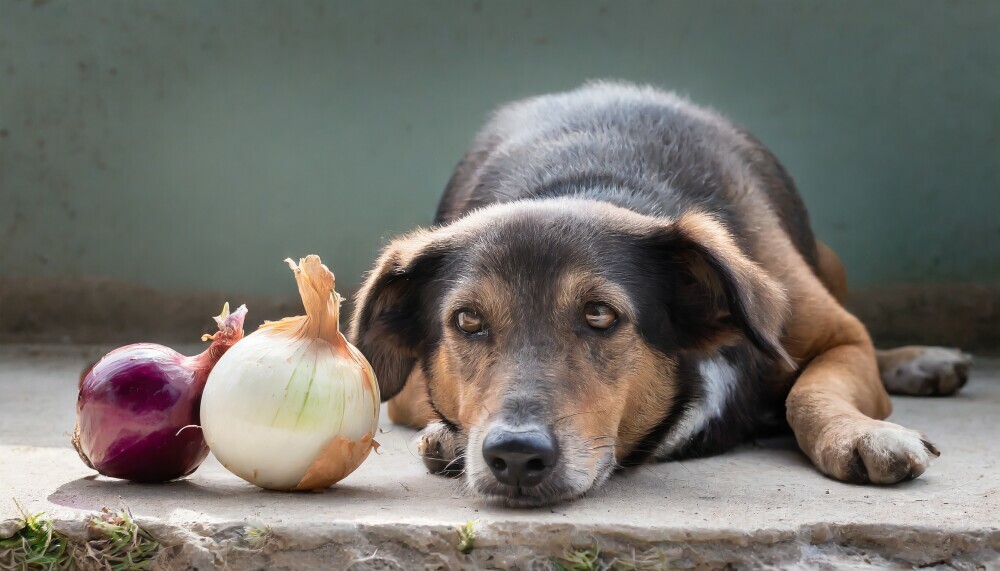 A dog laying down on the side looking sick or not happy and a onion beside him and there is a bite mark in the onion