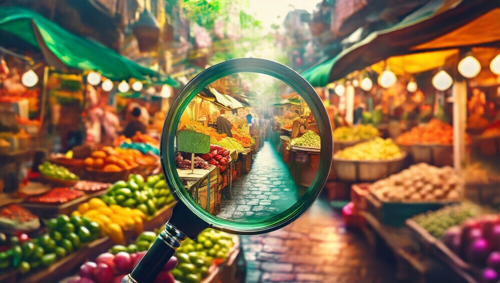 magnifying glass focusing on a specific area within a diverse and colorful market scene