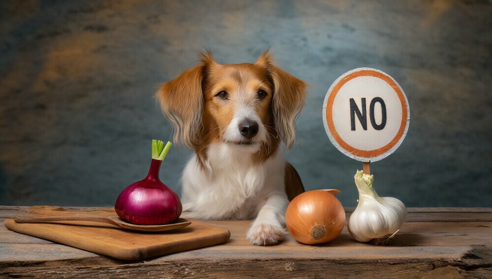 A sign tells a dog no to eating onions