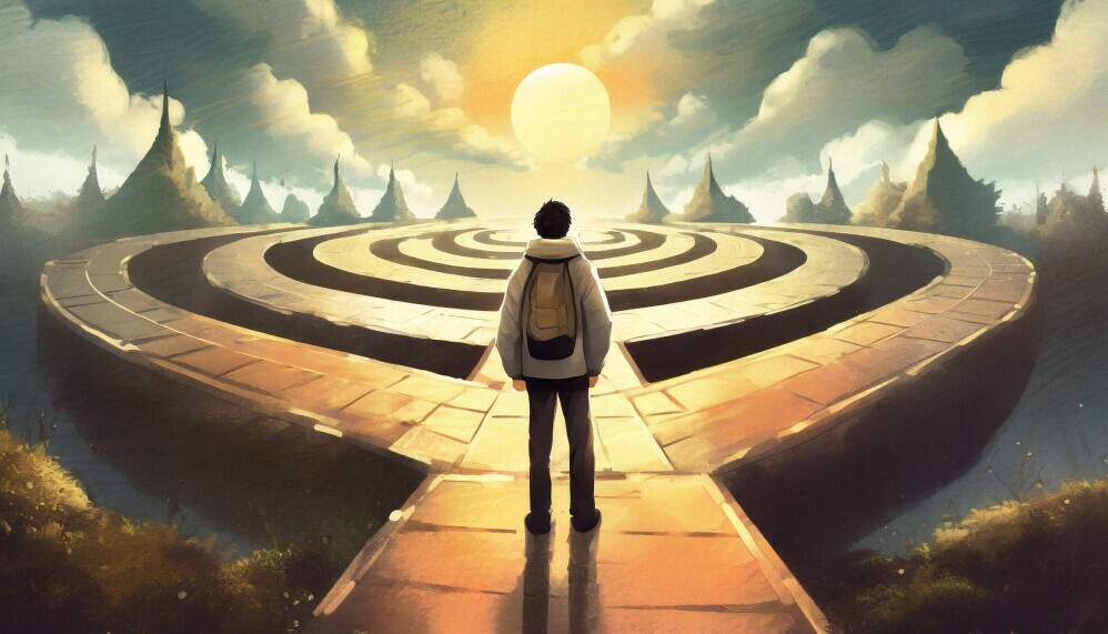 an illustration that shows a person standing at a crossroads with various paths leading off into the distance.