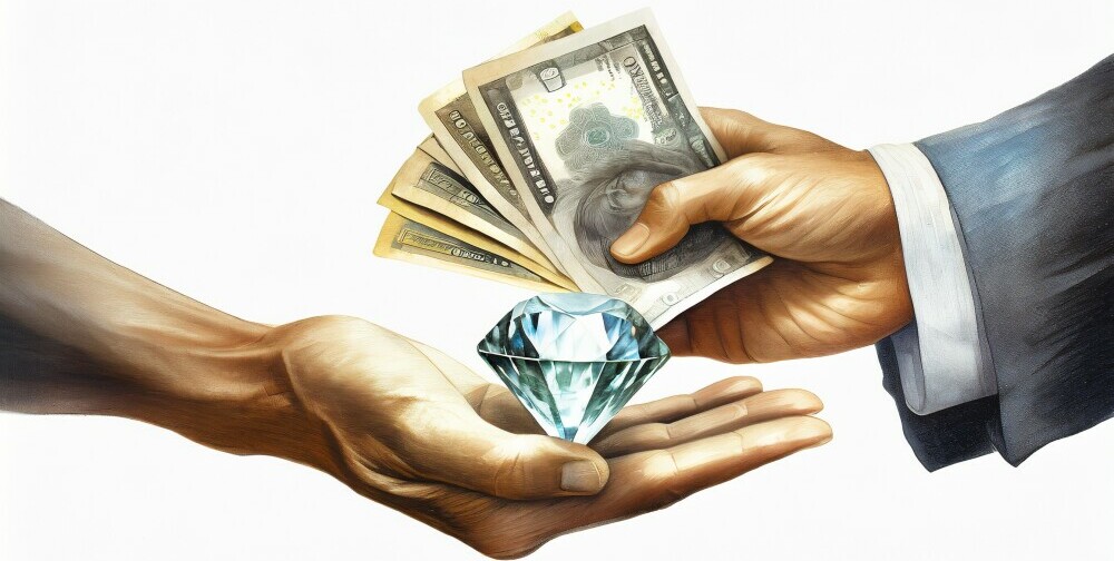 Someone giving an object like a diamond laying down in one hand, and receiving money a stack of money back, showing that you are providing value