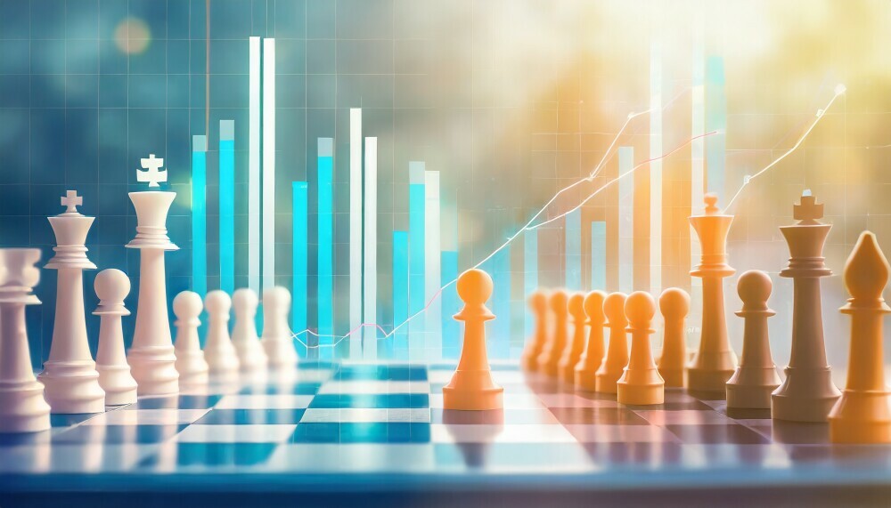 split-screen representation. On one side, you could have a graph or bar chart showing market growth or potential in a certain sector, symbolizing the evaluation of market potential. On the other side, a chessboard or competitive sports scene could depict various players (representing different companies), strategizing and competing in the market