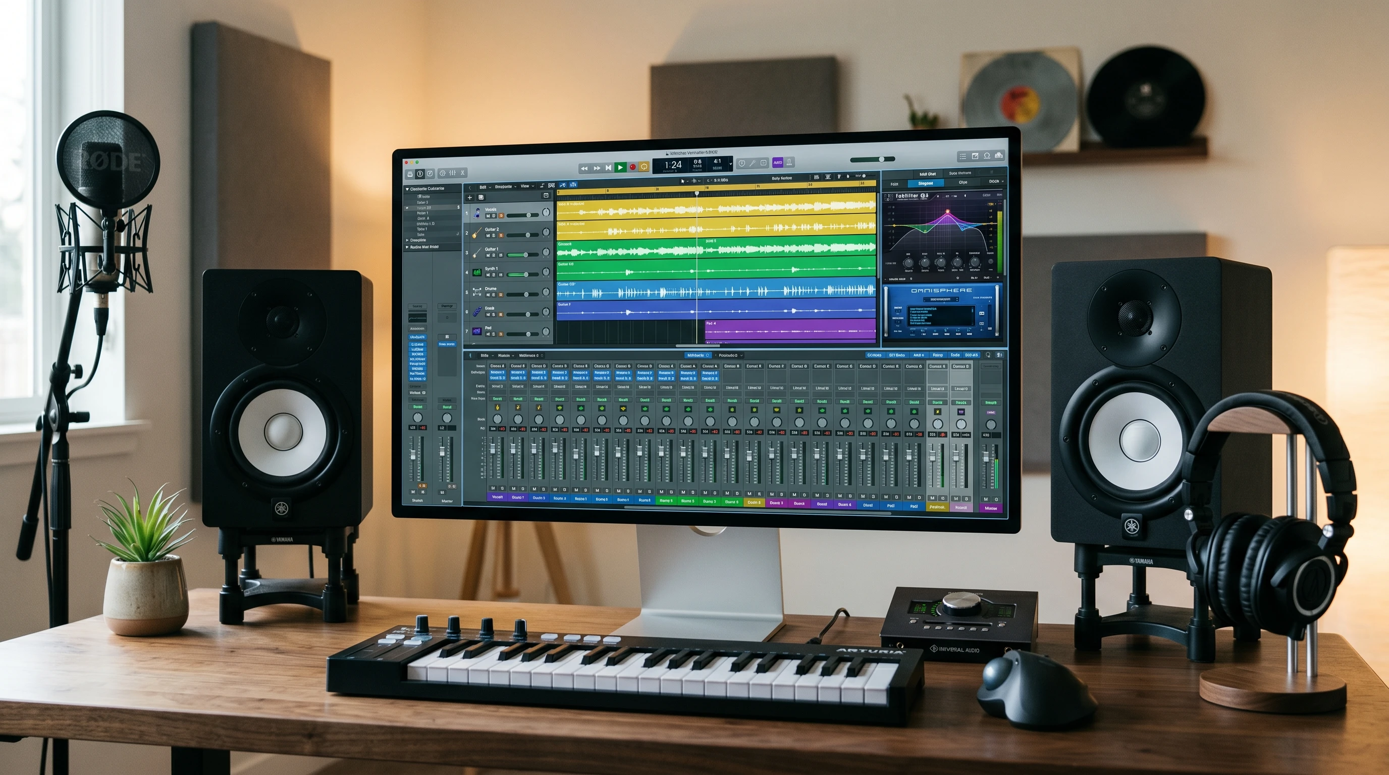A sleek, modern digital audio workstation (DAW) interface with colorful audio tracks, virtual instruments, and a virtual mixing console on a computer screen. Surrounded by studio monitors and headphones on a minimalist desk.