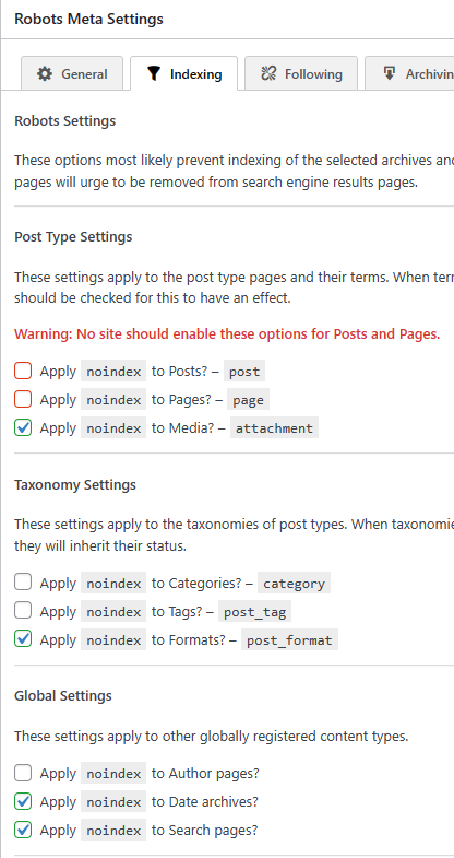 NoIndex Settings