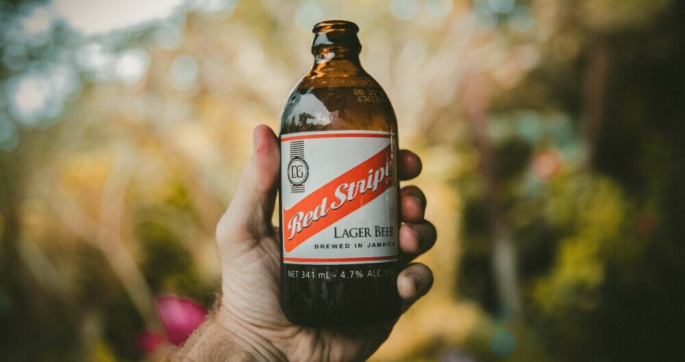 A bottle of Red Stripe lager from Kingstown, Jamaica