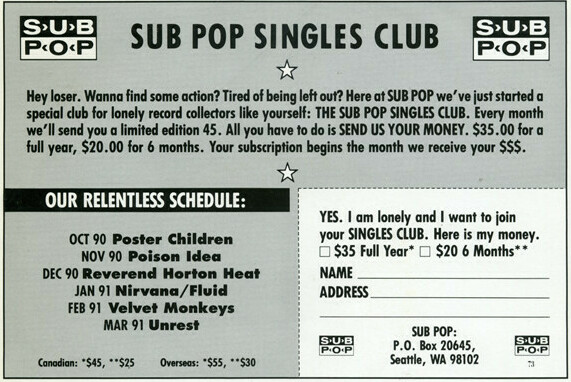 Sub Pop Singles Club marketing postcard 