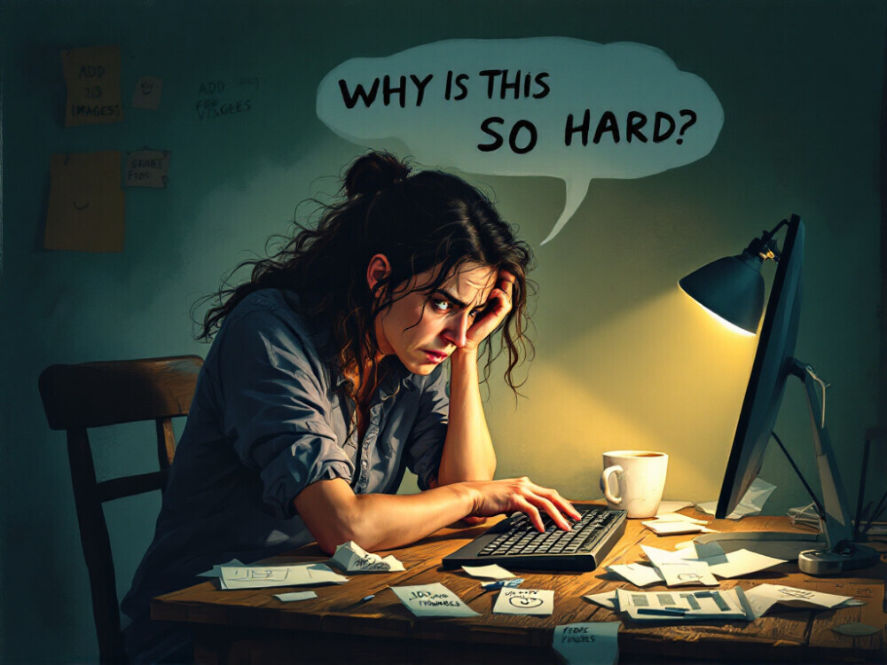 A frustrated blogger sitting at their desk, looking stressed while staring at a computer screen displaying a half-finished blog post without images. Scattered around the desk are crumpled papers, an empty coffee cup, and sticky notes that say 'Add images!' and 'Don't forget visuals!' On the screen, a text bubble says, 'Why is this so hard?' and faint, ghost-like images float above the screen to symbolize the struggle of dealing with visuals. The overall tone is humorous yet relatable, highlighting the frustration of bloggers managing images in their editor."