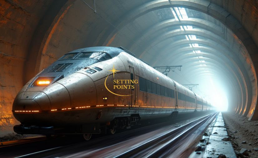 A Bullet Train of copper and silver speeding through the tunnel