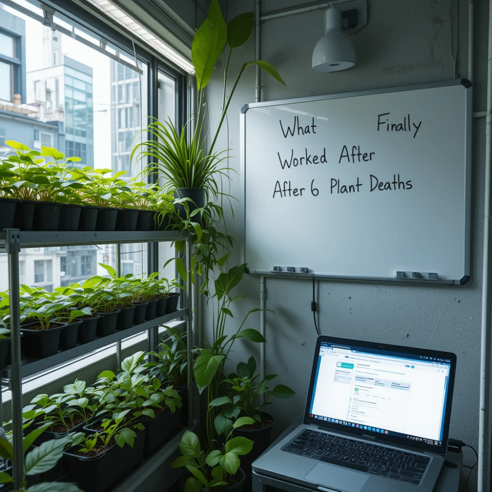 Indoor urban gardening setup with potted plants by a window, a whiteboard that reads “What Finally Worked After 6 Plant Deaths,” and an open laptop displaying a web browser.