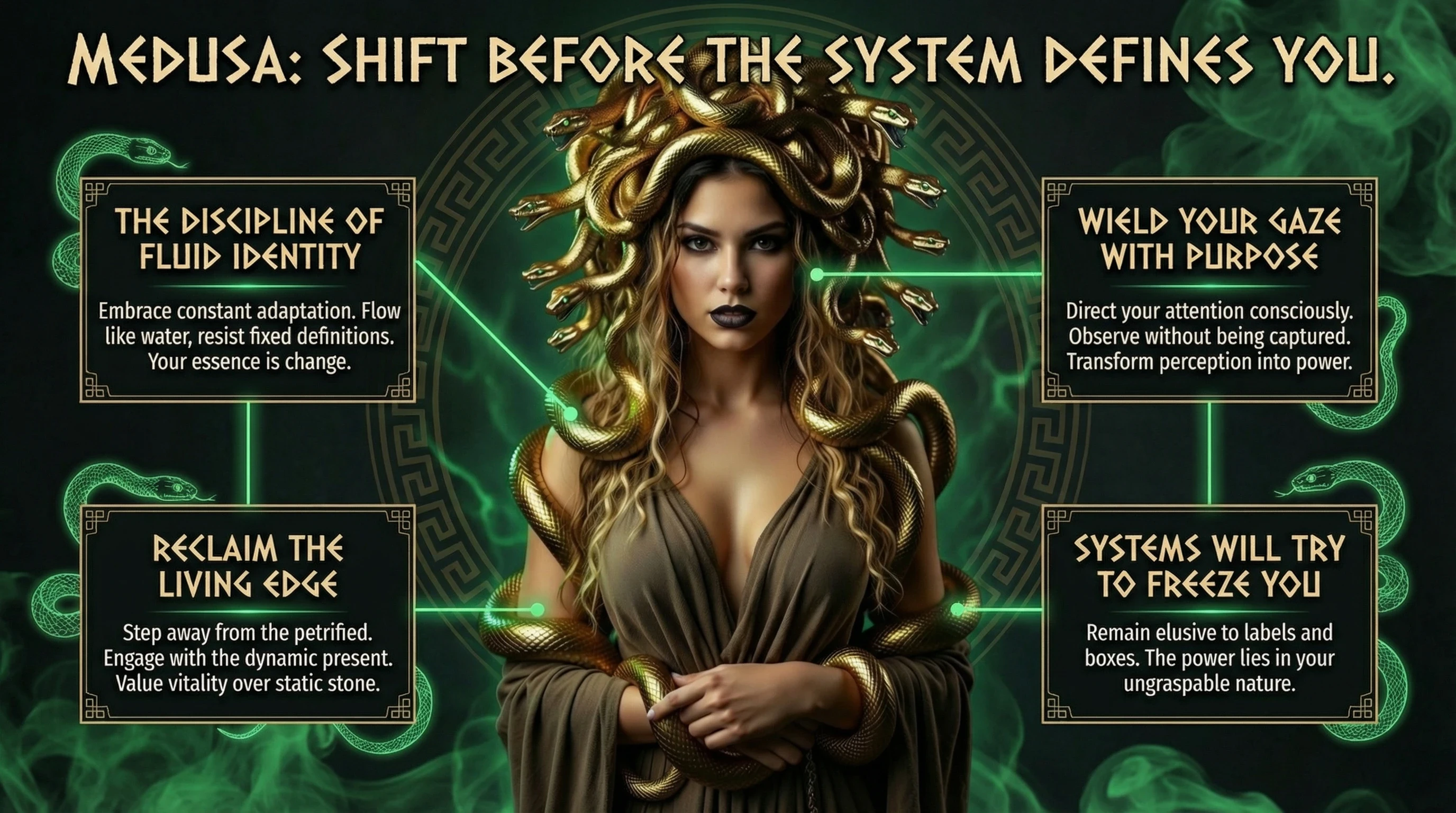 Medusa's InfographicShift Before the System Defines You The Discipline of Fluid Identity Wield Your Gaze With Purpose Reclaim the Living Edge