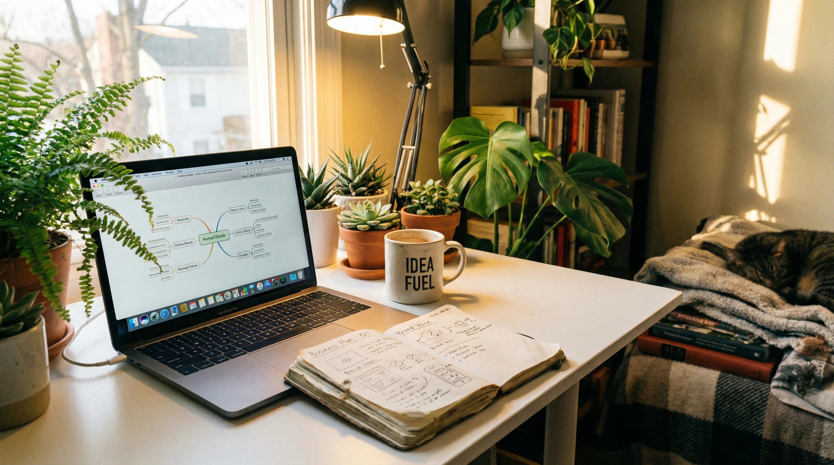 A desktop workspace set up for planning an online business, featuring a laptop, notebook, coffee, and plant.