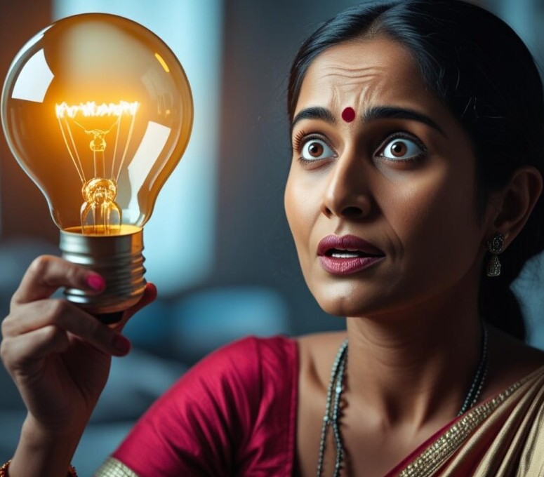 A cinematic concept scene depicting an Indian woman experiencing a lightbulb moment, remembering a website she visited earlier as a result of an affiliate marketing retargeting campaign. The scene is dynamically composed with cinematic color grading, filmic tones, a shallow depth of field, and high contrast.  The focus is on her facial expression and the lightbulb representing her sudden realization.  The background is softly blurred, drawing attention to the subject.