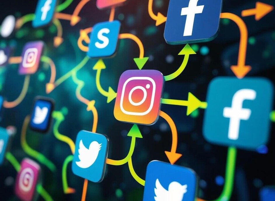 Multiple social media platform icons connected by workflow arrows, organized system illustration