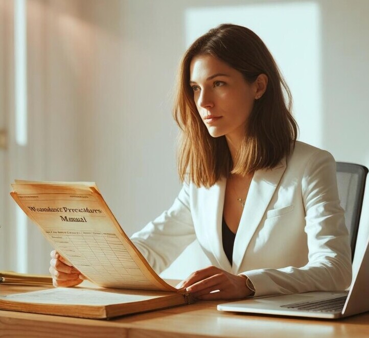 Solo entrepreneur at desk with organized procedures manual, clean home office setup