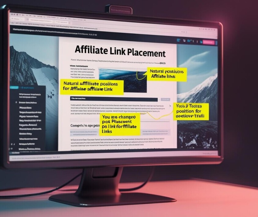 A cinematic concept scene of a monitor displaying a blog post about affiliate link placement. Highlighted sections on the blog post subtly indicate natural positions for affiliate links. The scene features a dynamic composition, cinematic color grading with rich, filmic tones, a shallow depth of field emphasizing the monitor's screen, and high contrast to enhance readability and visual interest.