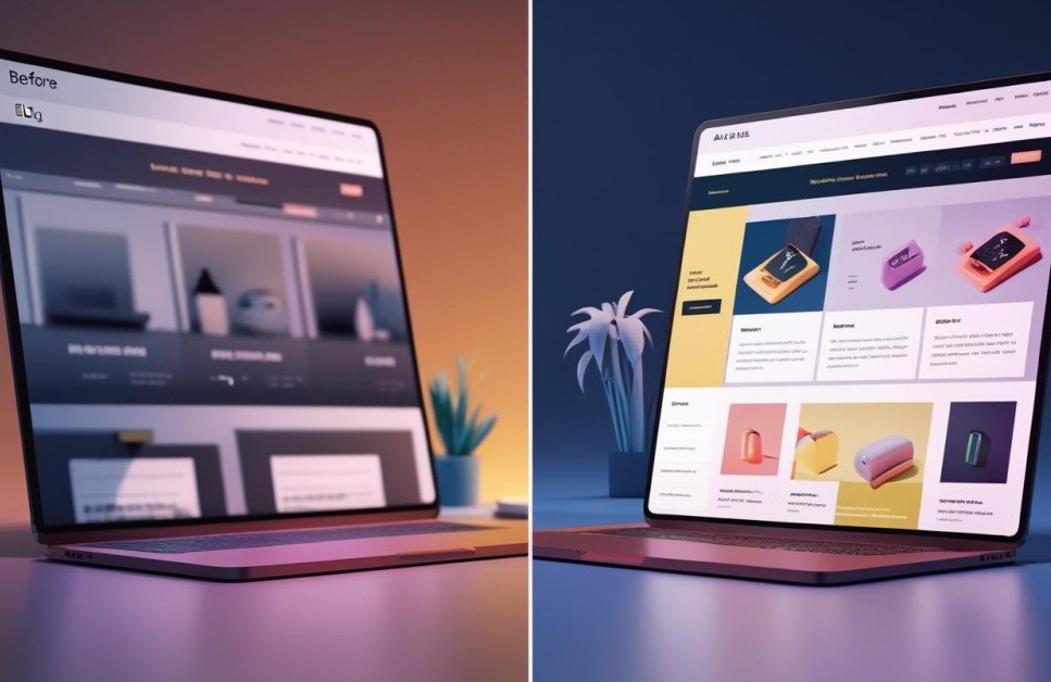 Before-and-after split screen of a blog article refresh — left side dull outdated layout, right side vibrant updated design with highlighted links and new product images, modern semi-isometric 3D illustration