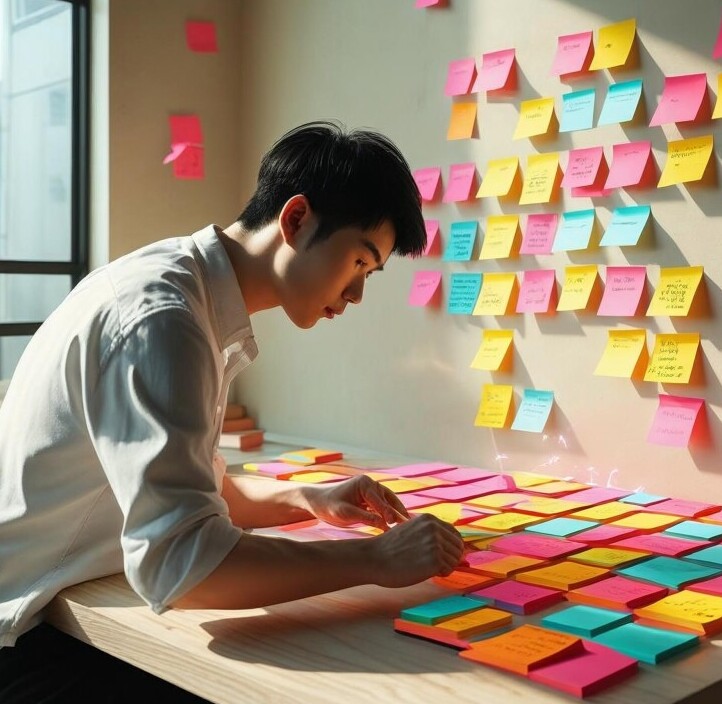 Person at desk organizing colorful sticky notes on wall in workflow pattern, bright natural lighting,