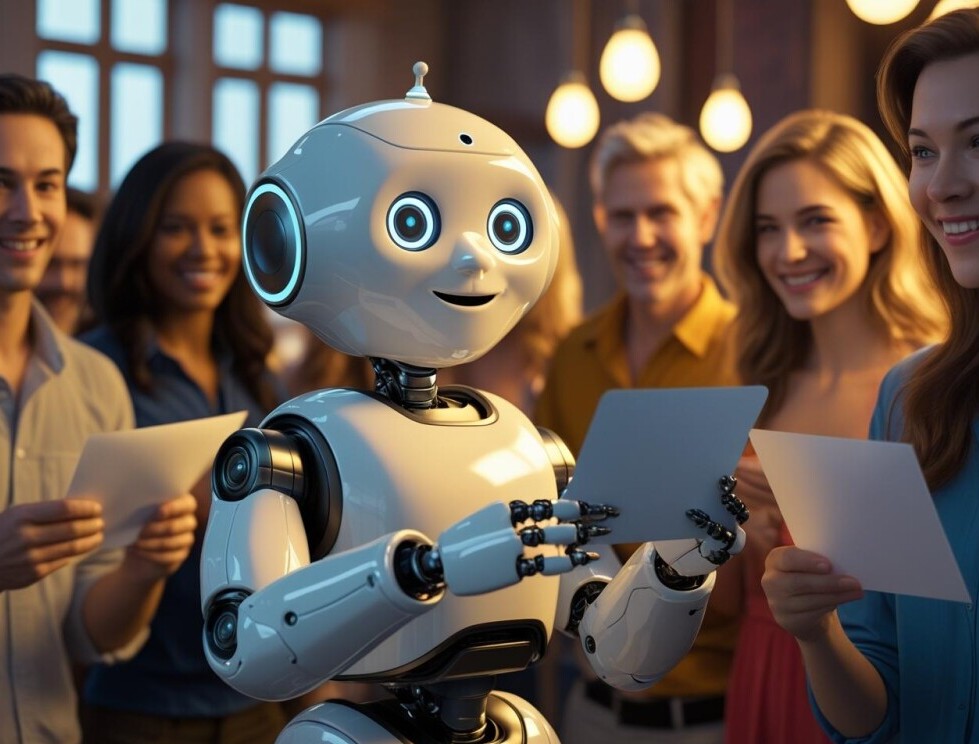 A cinematic concept scene depicting a friendly robot helper, meticulously crafted in a style reminiscent of a high-budget film, sending personalized emails to a diverse group of happy subscribers. The image should feature a dynamic composition, cinematic color grading with warm, inviting filmic tones, a shallow depth of field to emphasize the robot and its actions, and high contrast to create a visually striking image.  The scene should convey a sense of efficiency and positive customer interaction.