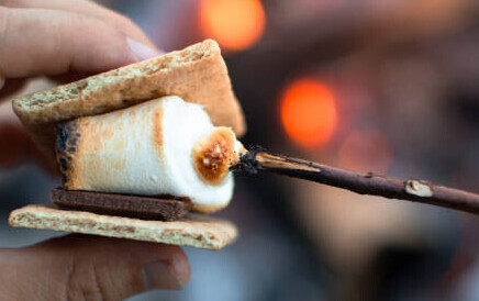 S'mores Homemade Ice Cream Recipe Ideas image 6 Smores in the making charred marshmallow with slice of chocolate in between graham cracker with fire in the background frosted fusions