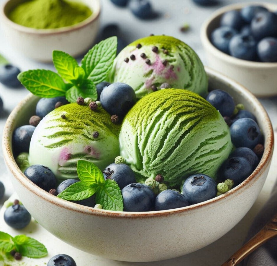 Benefits Of Using Superfoods In Homemade Ice Creams image 4bowl of matcha green ice cream with fresh blueberries scattered atop frosted fusions