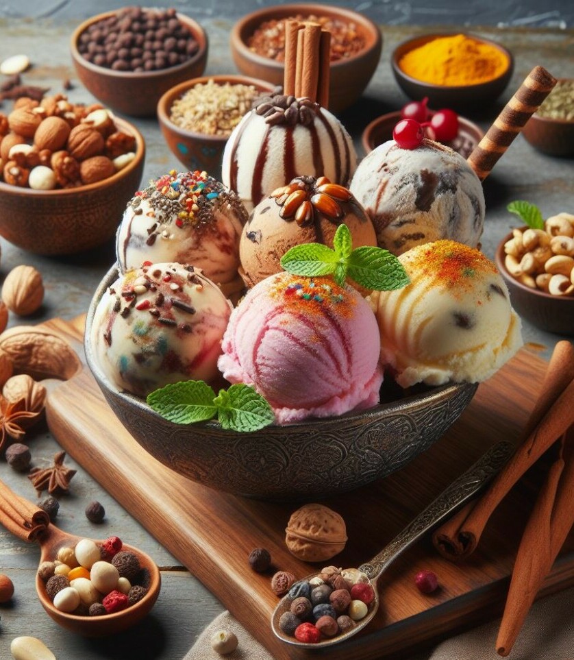 Unique Homemade Ice Cream Recipes featured image selection of ice creams with a variety of nuts and spices scattered around fusions